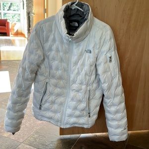 Women’s Puffy Quilted Winter Jacket with Zippers and Grey Cuffs at Sleeves